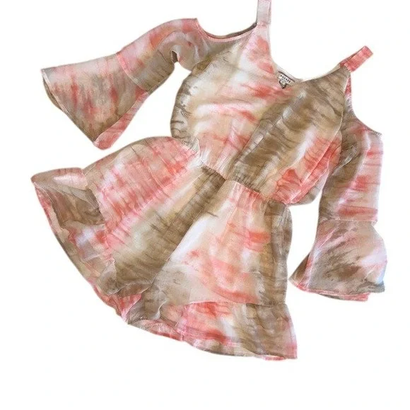NWT‎ Andree by Unit Tie Dye Romper Cold Shoulder Bell Sleeve Ruffle Hem Sz Lg - Picture 5 of 16